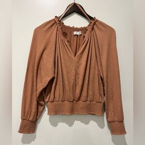 Gentle Fawn Brown Women's Blouse Elastic Cuffs and Waist Gathered Neckline